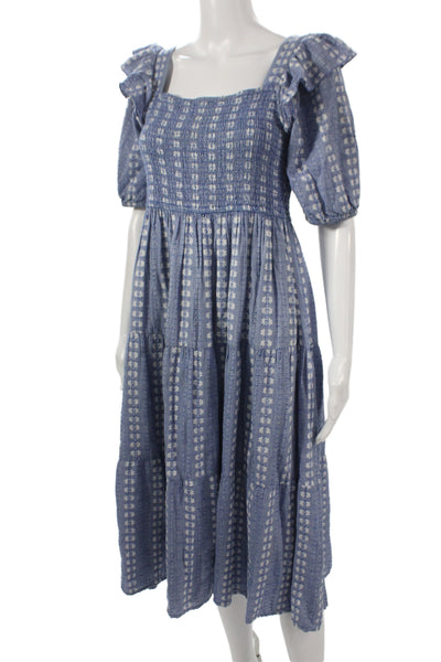 Sofie Schnoor Women Sundress Blue Cotton Square Neck Short Sleeve Size L