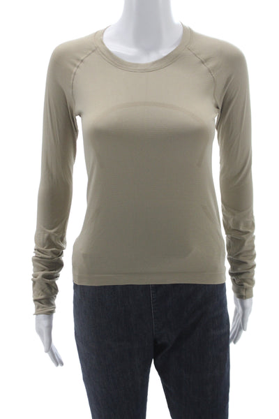 Lululemon Women T-Shirt Beige Nylon Crew Neck Long Sleeve Athleisure Size 4