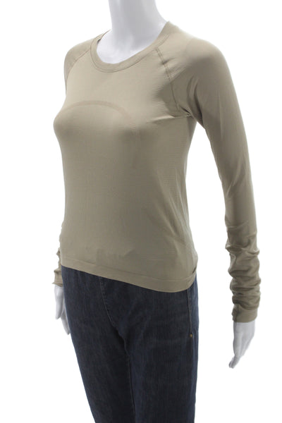 Lululemon Women T-Shirt Beige Nylon Crew Neck Long Sleeve Athleisure Size 4