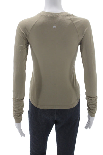 Lululemon Women T-Shirt Beige Nylon Crew Neck Long Sleeve Athleisure Size 4