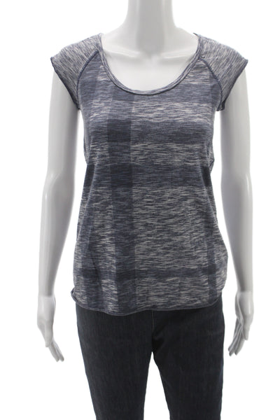 Burberry Brit Women Blue Check Scoop Neck Cotton Blend Basic T-Shirt Size XS