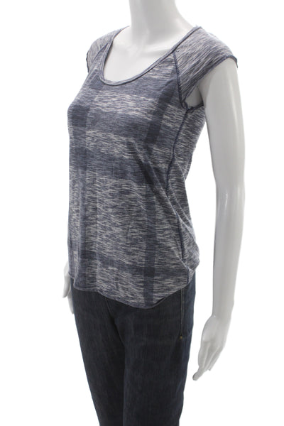 Burberry Brit Women Blue Check Scoop Neck Cotton Blend Basic T-Shirt Size XS
