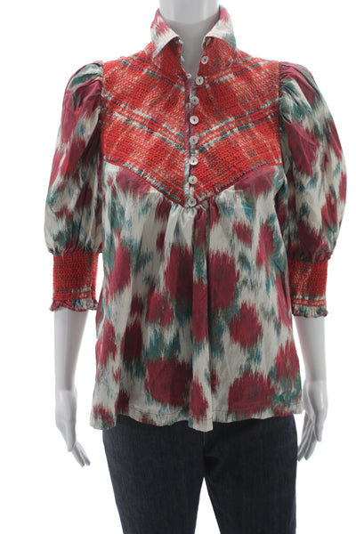 Tracy Reese Women Bohemian Floral Tunic 3/4 Sleeve Button Collared Size PS