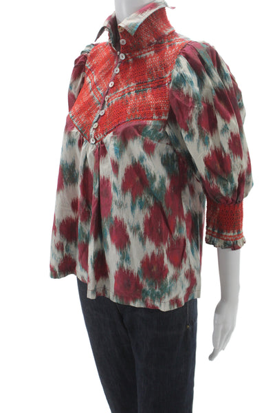 Tracy Reese Women Bohemian Floral Tunic 3/4 Sleeve Button Collared Size PS