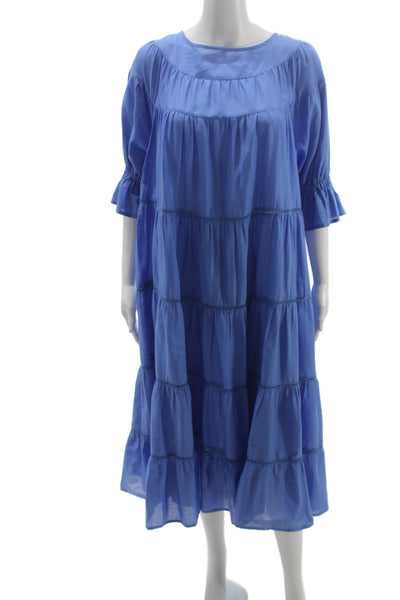 Merlette Women Trapeze Swing Dress Blue Pima Cotton Half Sleeve Button Size S
