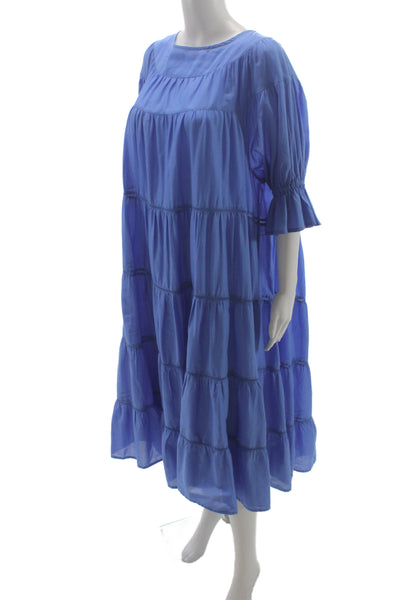 Merlette Women Trapeze Swing Dress Blue Pima Cotton Half Sleeve Button Size S