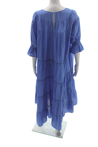 Merlette Women Trapeze Swing Dress Blue Pima Cotton Half Sleeve Button Size S