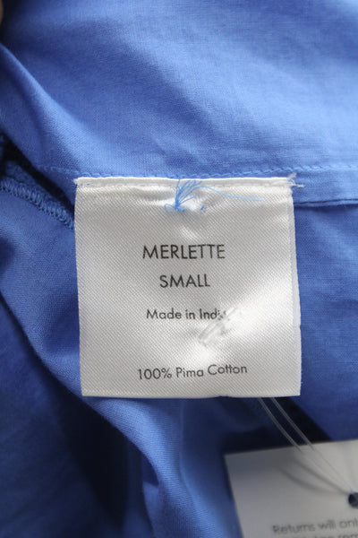 Merlette Women Trapeze Swing Dress Blue Pima Cotton Half Sleeve Button Size S