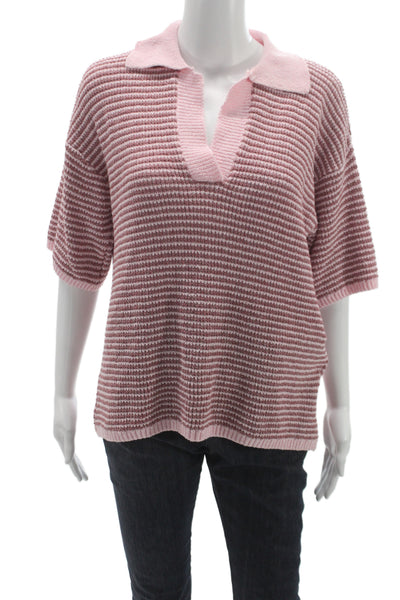 Zara Womens Pink Striped Collared Short Sleeve Pullover Sweater Size S