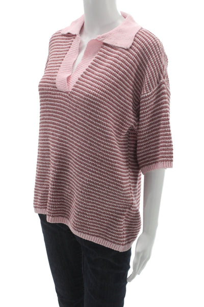 Zara Womens Pink Striped Collared Short Sleeve Pullover Sweater Size S