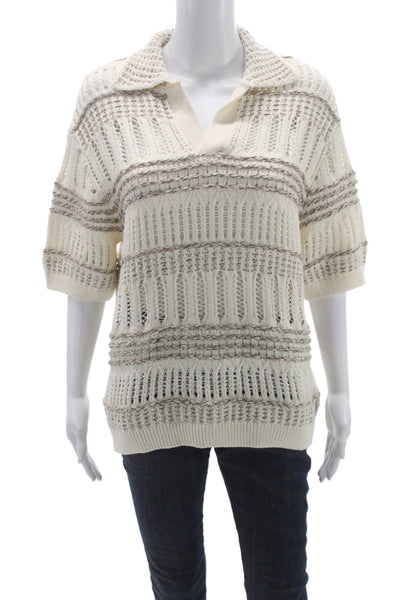 Zara Womens Pullover Collared Striped Short Sleeve Ivory Polyester Boho Size M
