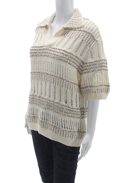 Zara Womens Pullover Collared Striped Short Sleeve Ivory Polyester Boho Size M