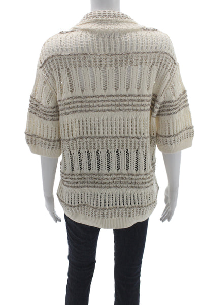Zara Womens Pullover Collared Striped Short Sleeve Ivory Polyester Boho Size M