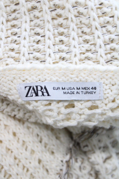 Zara Womens Pullover Collared Striped Short Sleeve Ivory Polyester Boho Size M