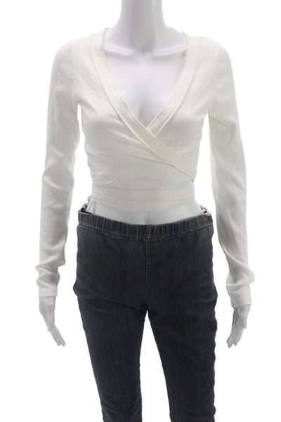 Zara Womens White Cotton Cropped V-Neck Long Sleeve Blouse Size S