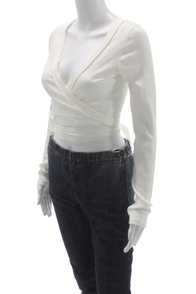 Zara Womens White Cotton Cropped V-Neck Long Sleeve Blouse Size S