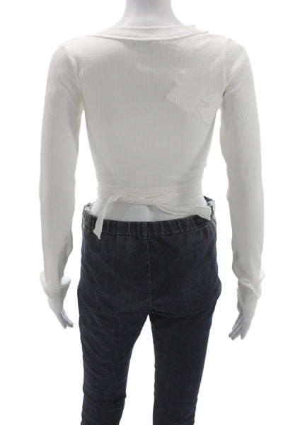 Zara Womens White Cotton Cropped V-Neck Long Sleeve Blouse Size S