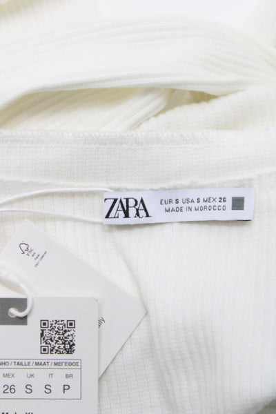Zara Womens White Cotton Cropped V-Neck Long Sleeve Blouse Size S