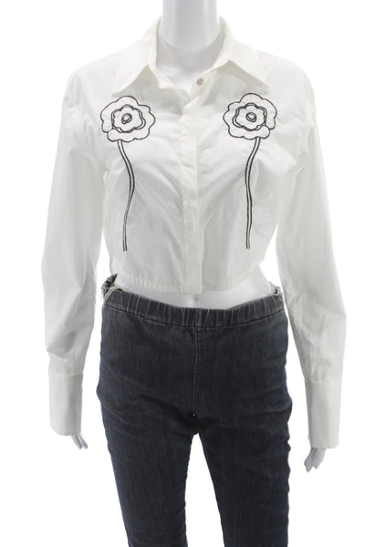 Deloreta Women Cropped White Cotton Floral Long Sleeve Button Up Top Size S