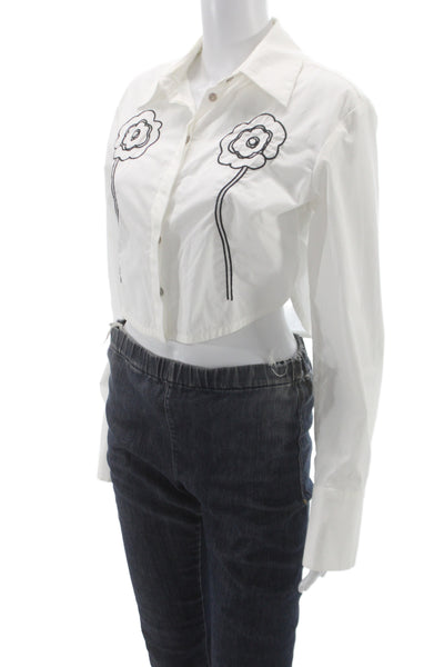 Deloreta Women Cropped White Cotton Floral Long Sleeve Button Up Top Size S
