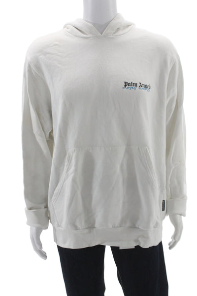 Palm Angels Mens Pullover Hoodie White Cotton Graphic Logo Size L