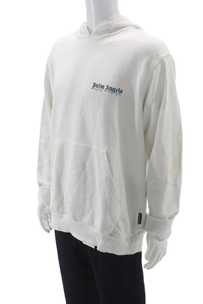 Palm Angels Mens Pullover Hoodie White Cotton Graphic Logo Size L