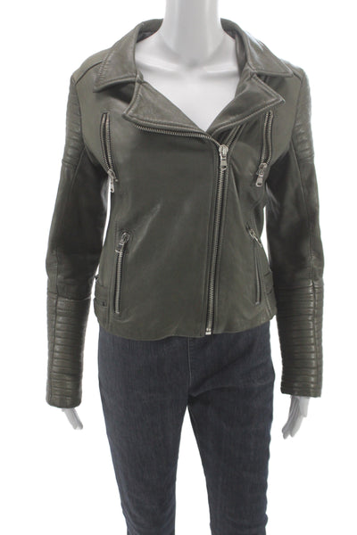 Vera Pelle Women Leather Biker Jacket Green Zip Long Sleeve Size 48