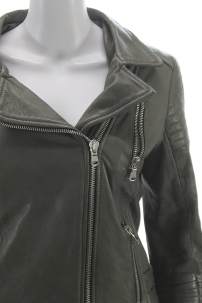 Vera Pelle Women Leather Biker Jacket Green Zip Long Sleeve Size 48