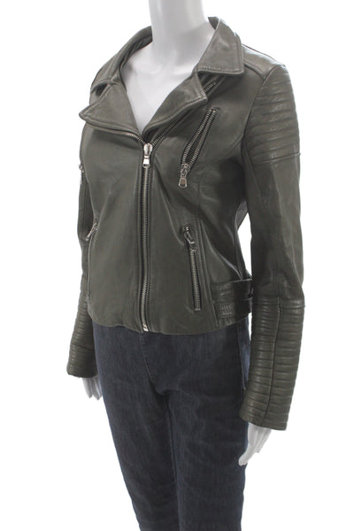 Vera Pelle Women Leather Biker Jacket Green Zip Long Sleeve Size 48