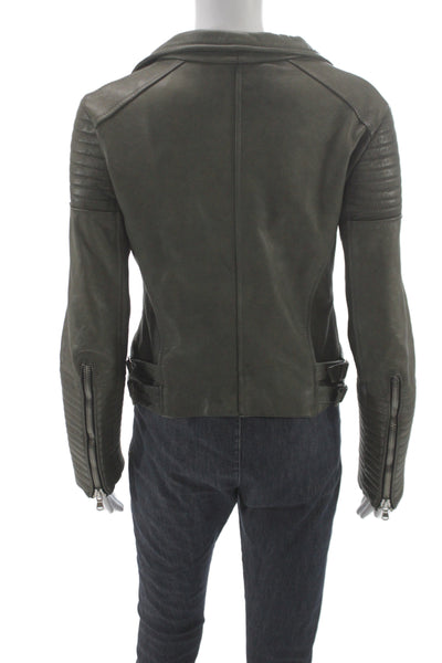 Vera Pelle Women Leather Biker Jacket Green Zip Long Sleeve Size 48