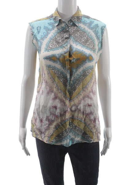 Etro Milano Women Sleeveless Paisley Collared Button-Up Ramie Top Size 40