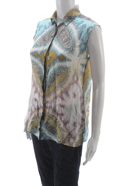 Etro Milano Women Sleeveless Paisley Collared Button-Up Ramie Top Size 40
