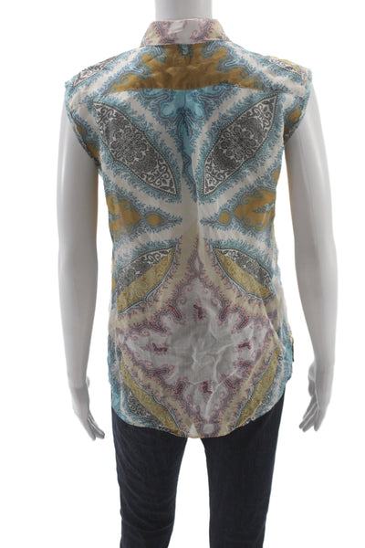 Etro Milano Women Sleeveless Paisley Collared Button-Up Ramie Top Size 40