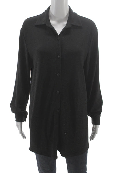 Muze Womens Black Collared Tunic Button Up Long Sleeve Polyester Sparkle Size L