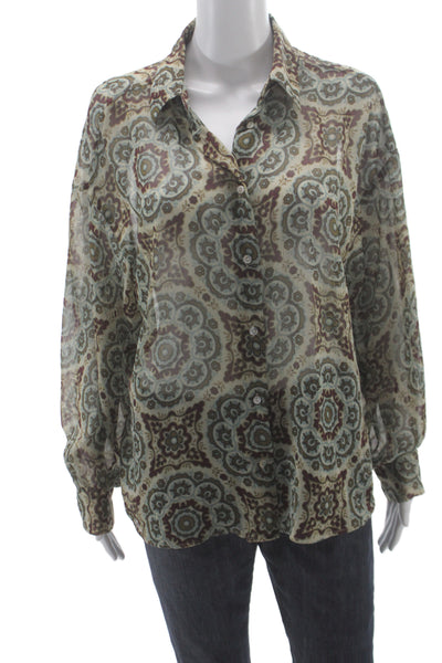 Zara Women Geometric Collared Button-Up Long Sleeve Multicolor Size L