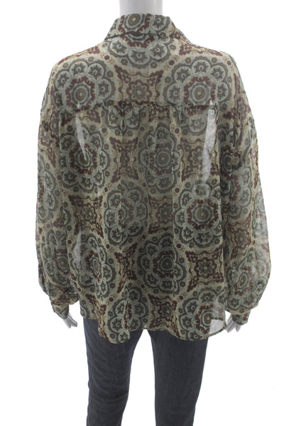 Zara Women Geometric Collared Button-Up Long Sleeve Multicolor Size L