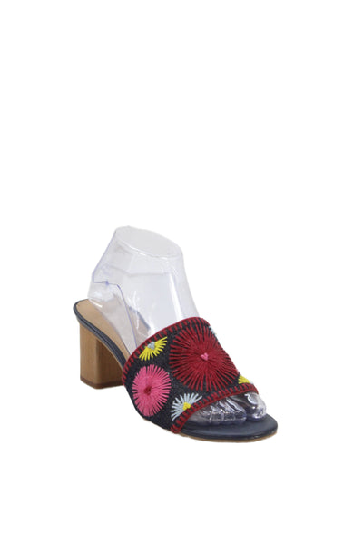 Jack Rogers Womens Block Heel Embroidered Denim Slide Sandals Blue Size 8