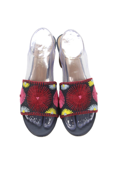 Jack Rogers Womens Block Heel Embroidered Denim Slide Sandals Blue Size 8