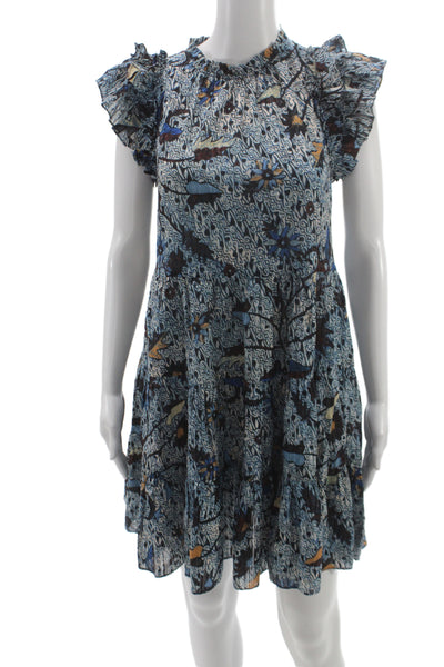 Ulla Johnson Womens A-Line Cotton Batik Dress Short Sleeve High Neck Size 2