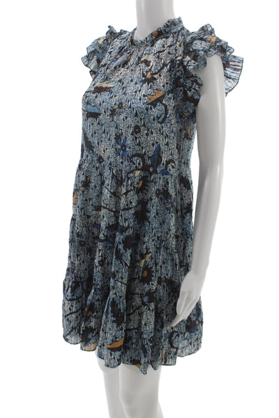 Ulla Johnson Womens A-Line Cotton Batik Dress Short Sleeve High Neck Size 2