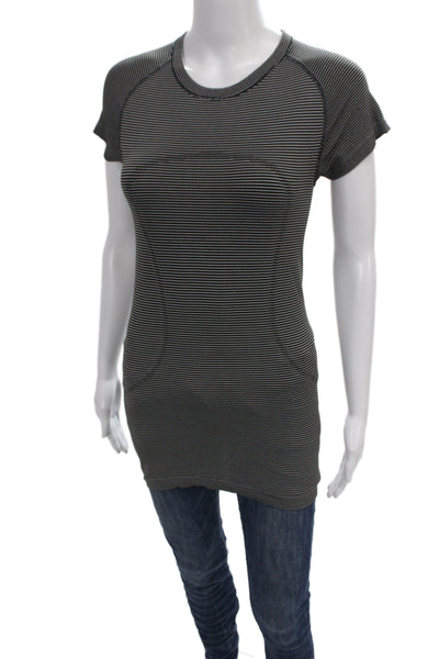 Lululemon Womens Basic Striped Black Crew Short Sleeve Tee Nylon Size 6
