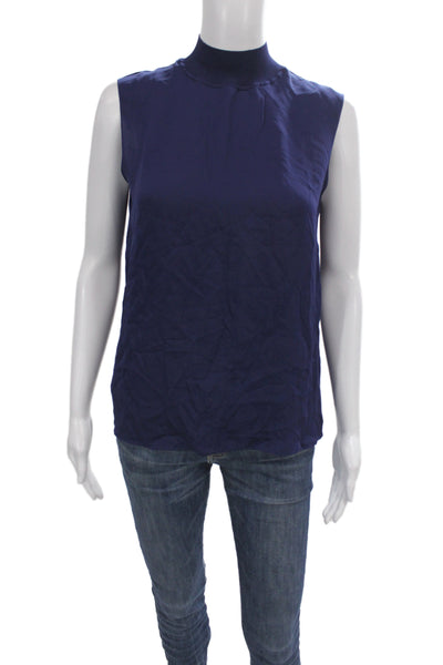 Theory Womens Silk High Neck Sleeveless Basic Solid Blouse Blue Size S