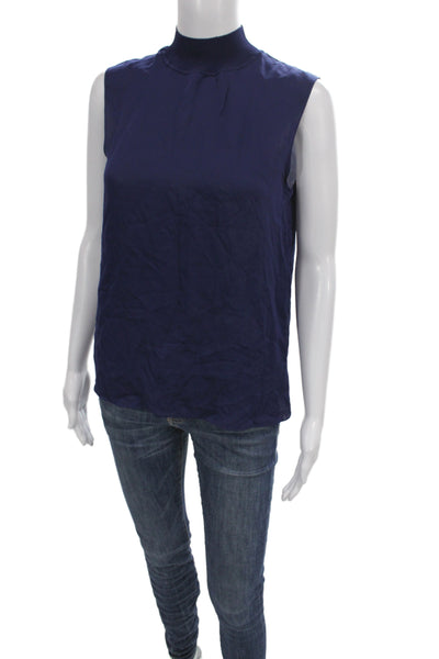 Theory Womens Silk High Neck Sleeveless Basic Solid Blouse Blue Size S