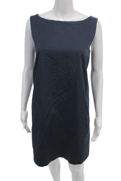Rossopuro Women Shift Dress Blue Cotton Boat Neck Sleeveless Knee Length Size 42