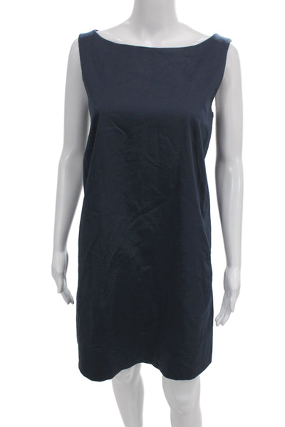 Rossopuro Women Shift Dress Blue Cotton Boat Neck Sleeveless Knee Length Size 42