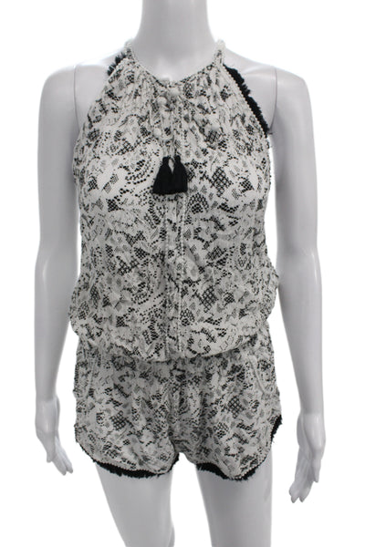 Poupette St. Barth Women Black Lace Floral Halter Sleeveless Romper Size M