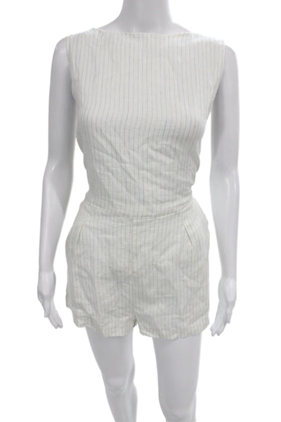 Vitamin A Women White Linen Striped Sleeveless Romper Boat Neck Tie Size S