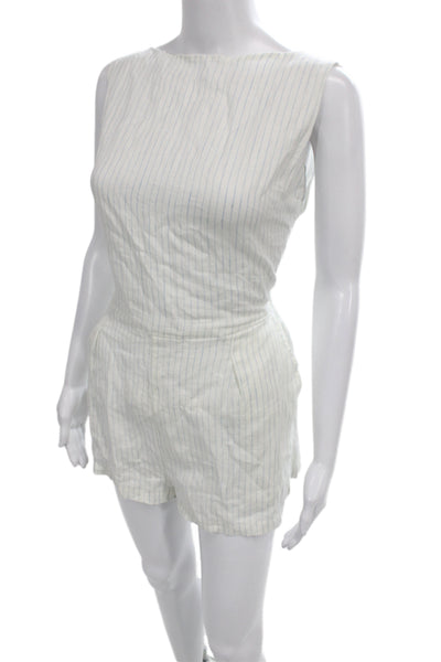Vitamin A Women White Linen Striped Sleeveless Romper Boat Neck Tie Size S