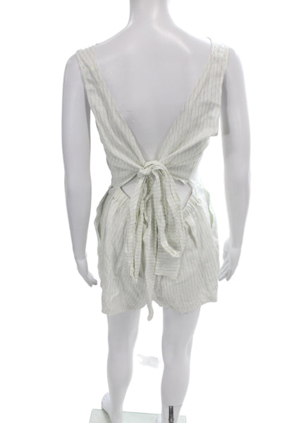 Vitamin A Women White Linen Striped Sleeveless Romper Boat Neck Tie Size S