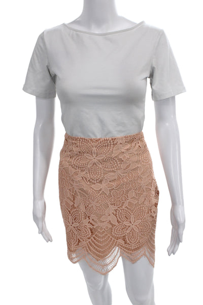 For Love & Lemons Women Mini Floral Lace Nylon Skirt Pink Zip Knee Size M